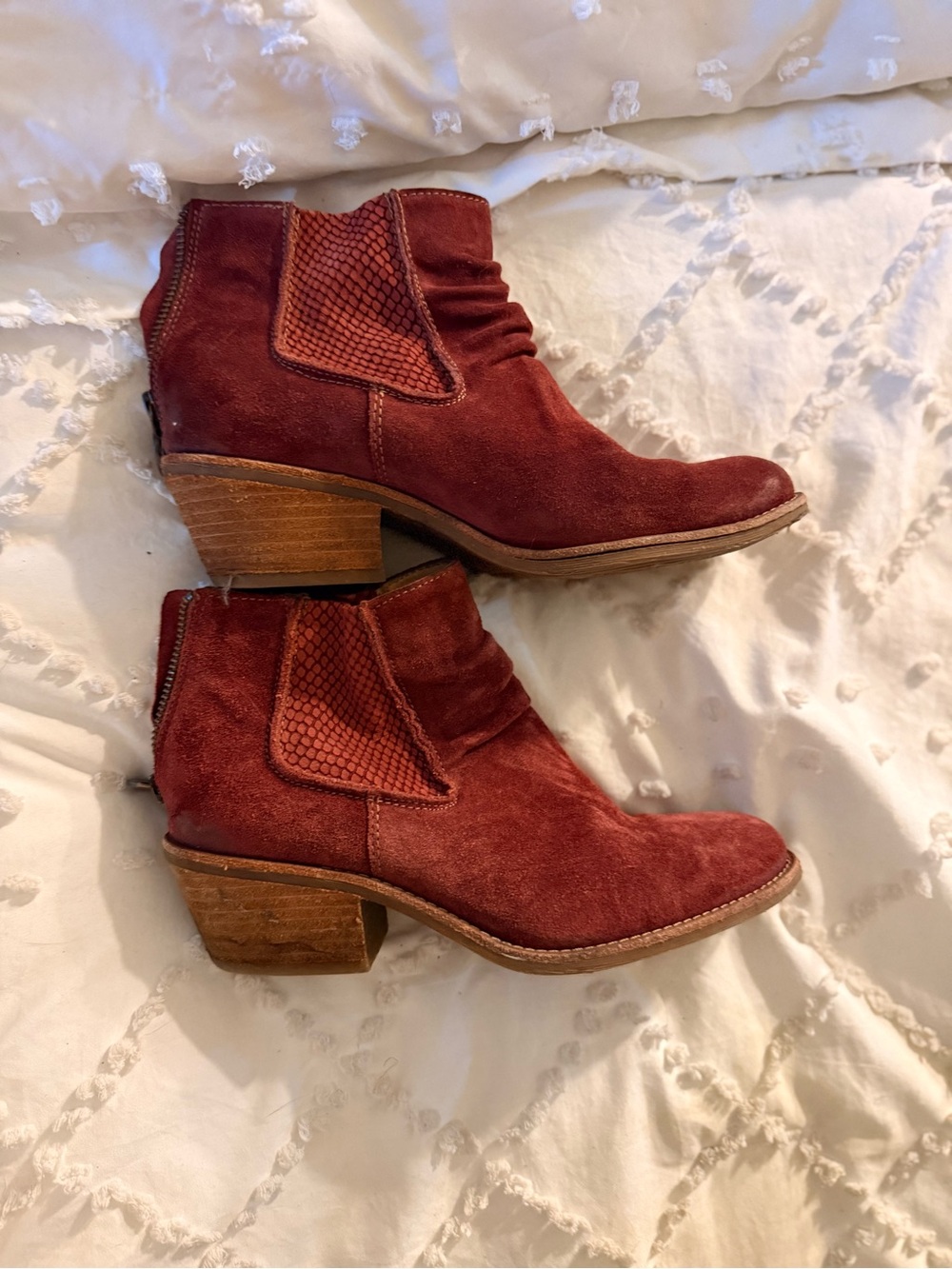 Sofft Burgundy Suede Ankle Booties with Stacked Heel